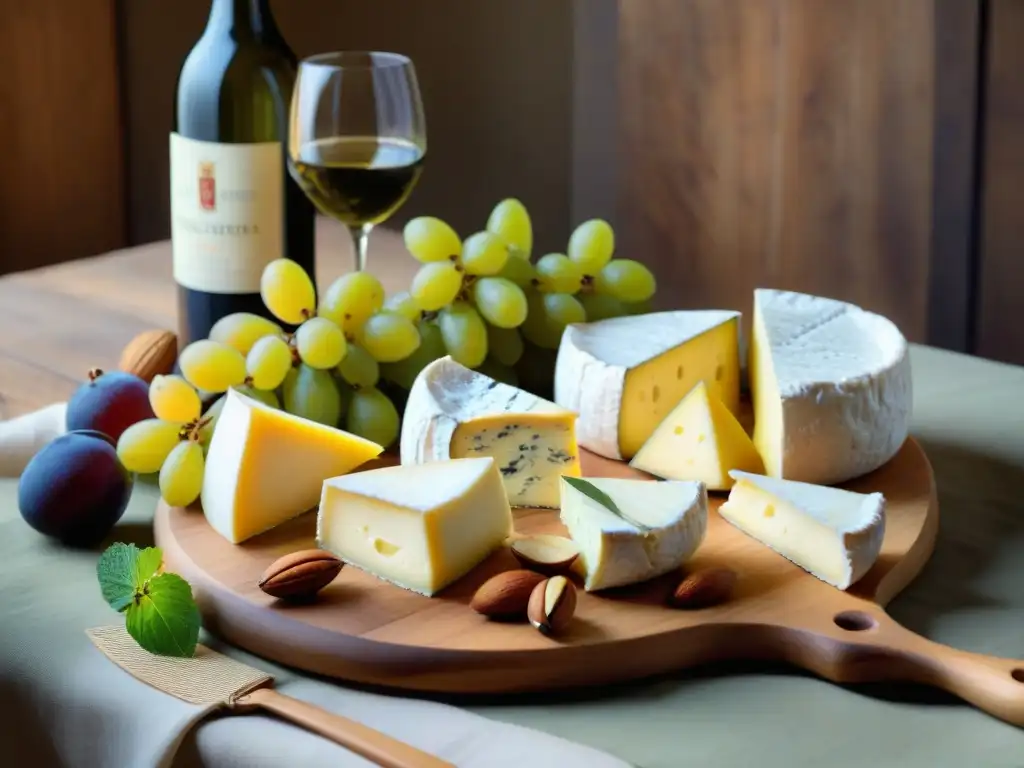 Una elegante tabla de quesos con maridaje vinos blancos y quesos, en un ambiente sofisticado y acogedor