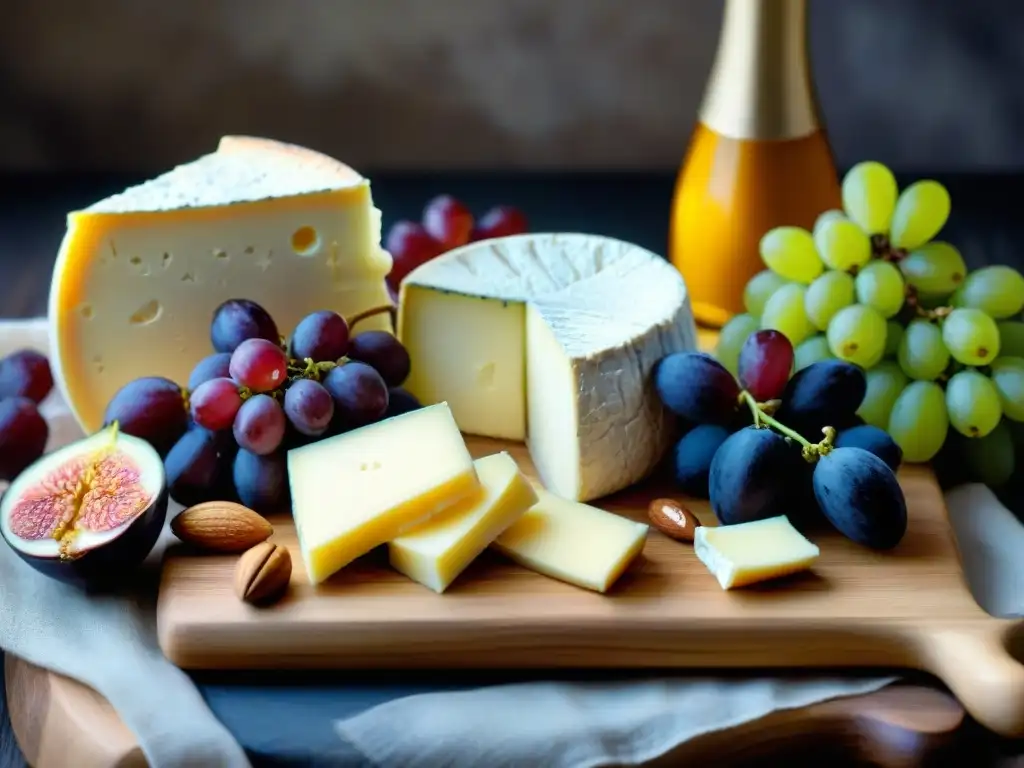 Una elegante tabla de quesos con maridajes perfectos de vinos y quesos en una bodega iluminada