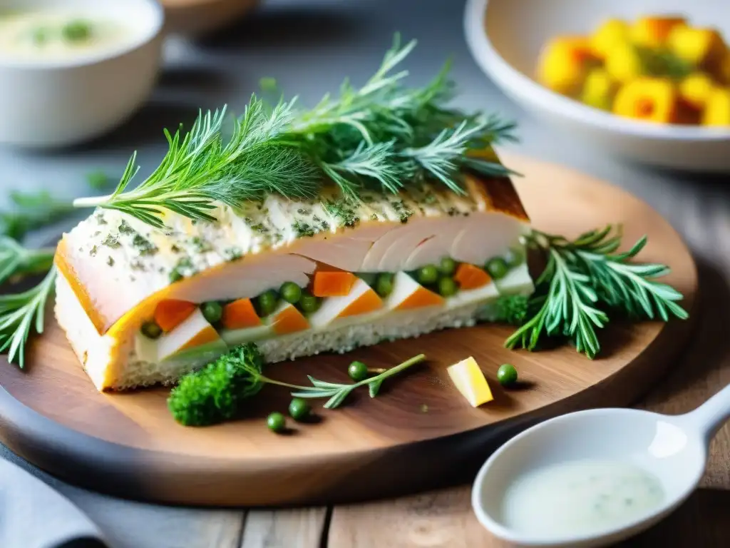 Elegante terrina de pescado estilo francés con finas capas de pescado blanco, hierbas verdes y verduras, acompañada de baguette y alioli