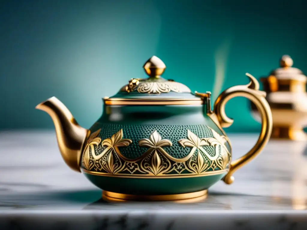 Elegante tetera francesa de lujo sobre mesa de mármol, preparar té estilo francés gourmet