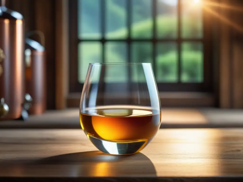 Un elegante vaso de cristal con Calvados dorado descansa sobre una mesa de madera