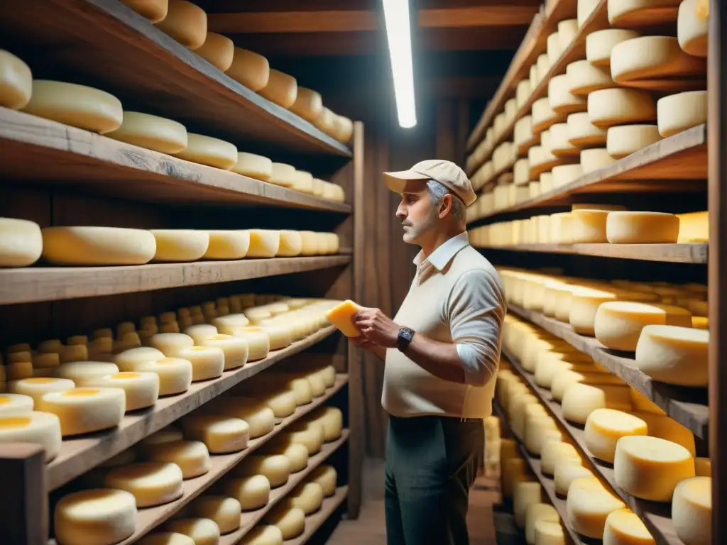 Emmental francés: historia, sabor y gastronomía en una bodega tradicional con quesos madurando y un experto quesero inspeccionando una rueda