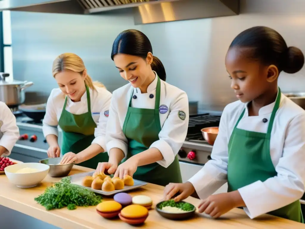 Emocionante clase de cocina francesa para niños, creando delicias culinarias con concentración y alegría