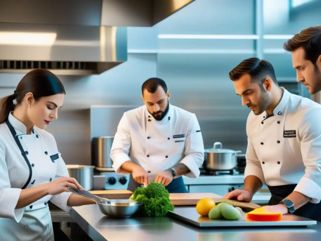 Una emocionante clase de enseñanza culinaria francesa innovadora, con estudiantes apasionados colaborando en una demostración culinaria práctica