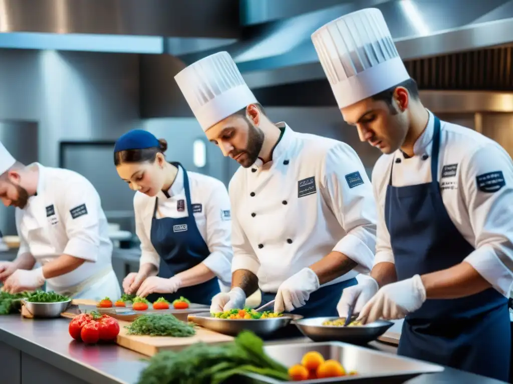 Emocionante competencia culinaria francesa con chefs preparando recetas ganadoras en una cocina profesional