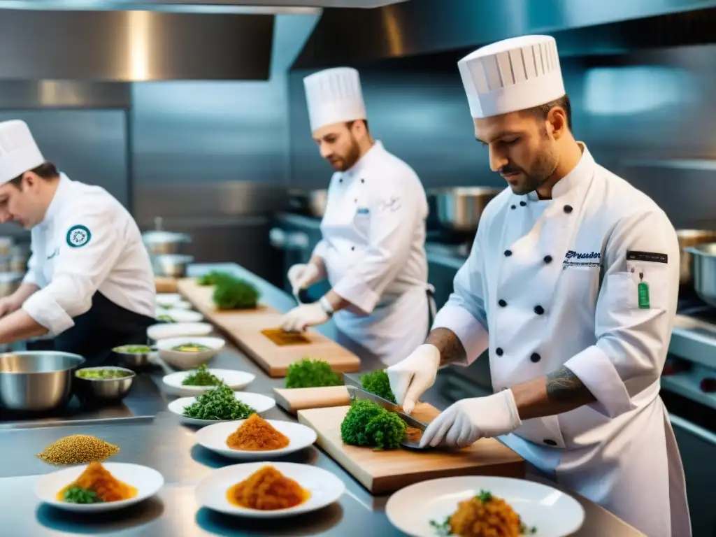 Un emocionante concurso gastronómico en Francia, chefs enfocados y dedicados en una cocina bulliciosa