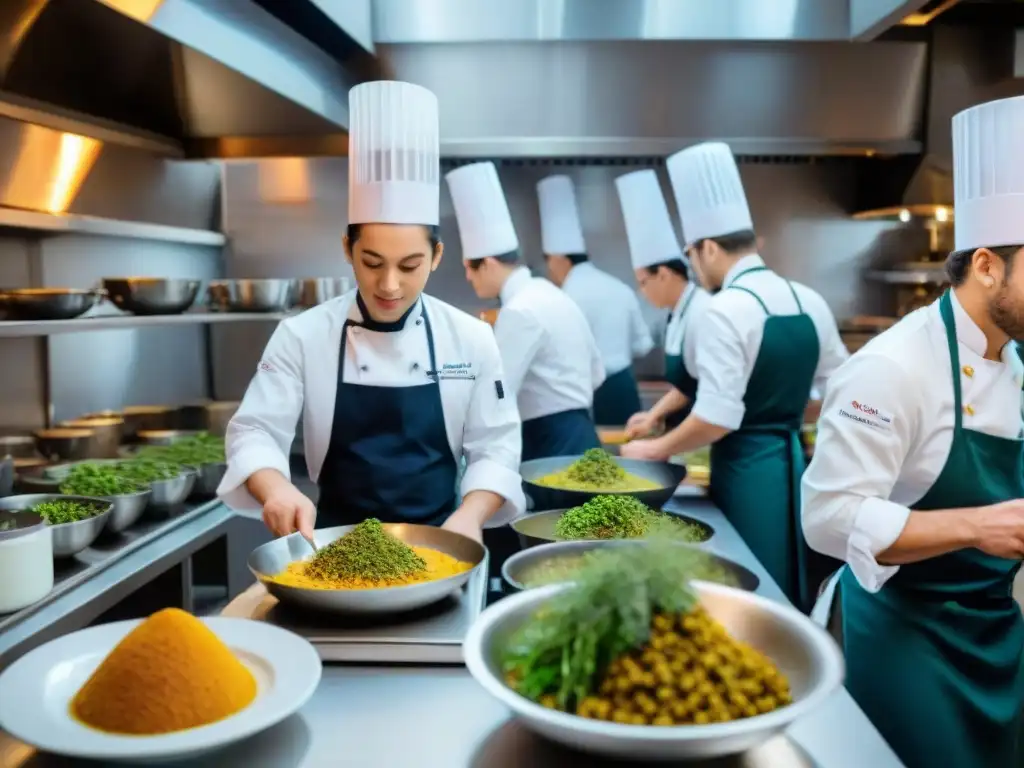 Un emocionante curso gastronomía francesa innovadora en una bulliciosa cocina de escuela, con estudiantes y chef creando platos franceses