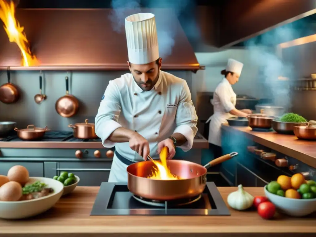 Una emocionante escena de cocina francesa tradicional con innovaciones gastronómicas en una bulliciosa cocina parisina