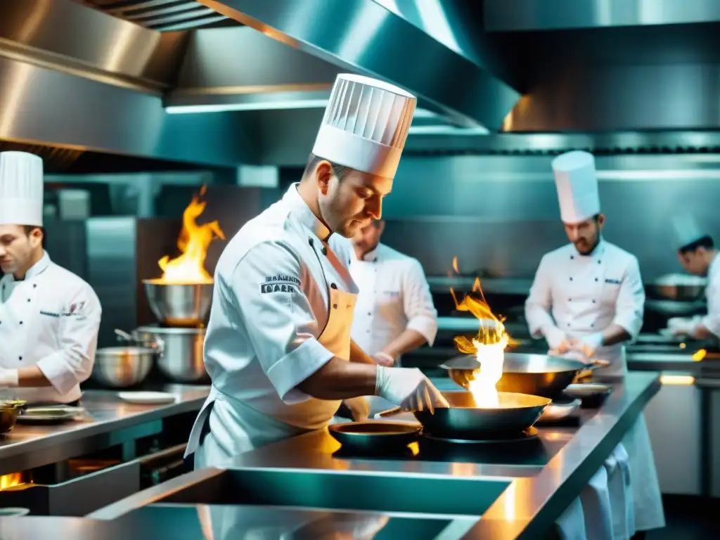 Emocionante escena de cocina en restaurante Michelin durante servicio de cena, chefs trabajando con precisión