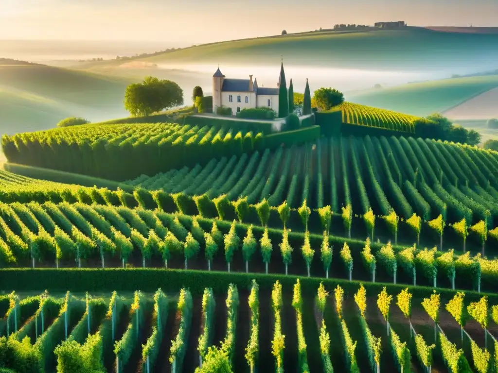 Un emocionante paisaje de viñedos en la región de Champagne, con un castillo entre las vides