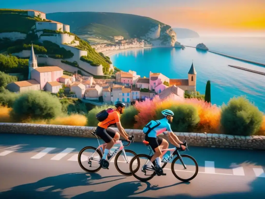 Un emocionante tour culinario en bicicleta por la pintoresca costa de Francia, con ciclistas, guía local y coloridos pueblos costeros