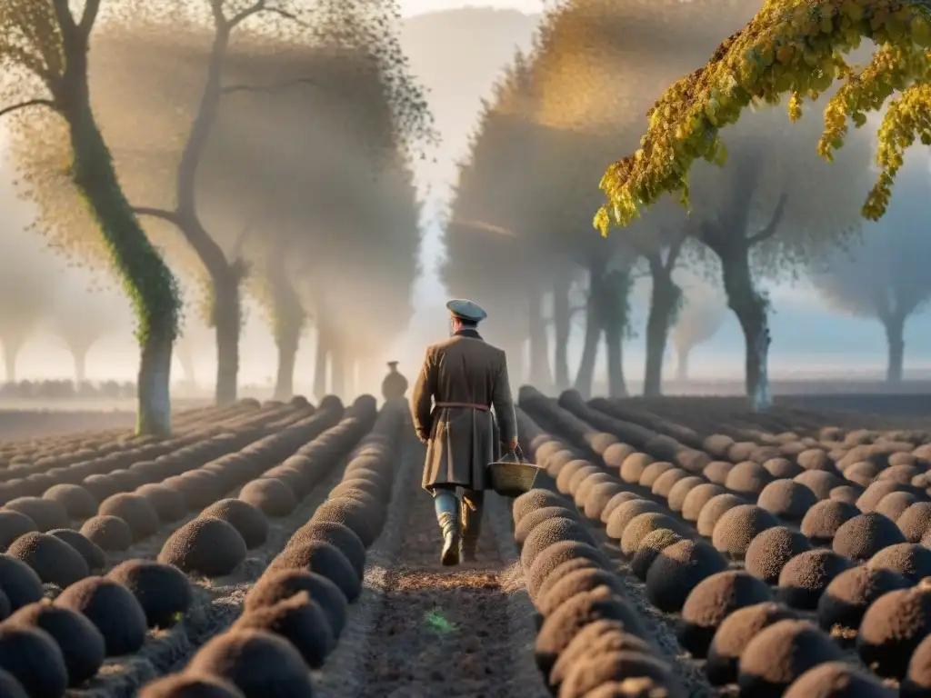 Emotiva escena de caza de trufas en un paisaje campestre francés al amanecer, resaltando la tradición de las recetas trufas francesas gourmet