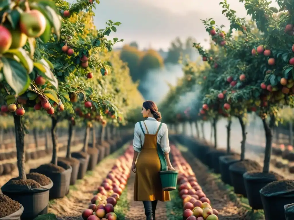 Emotiva escena de recolección de manzanas en un huerto francés, evocando tradición y calidad en la producción de sidras francesas alta cocina