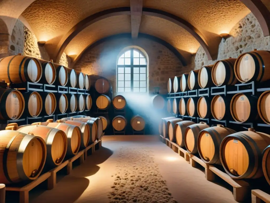 Emotiva vista de bodega francesa con barricas envejecimiento de vinos franceses barrica, historia y tradición