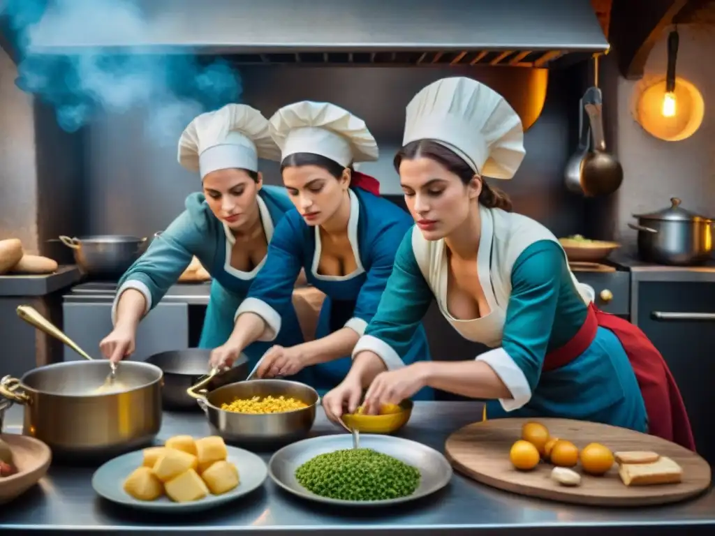 Empoderamiento y camaradería: mujeres de la Revolución Francesa cocinan con determinación en una bulliciosa cocina