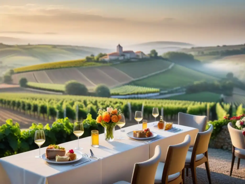 Un encantador café al aire libre en un idílico paisaje campestre francés, ideal para degustar foie gras y vino