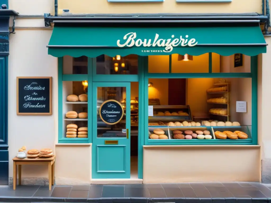 Un encantador boulangerie francés con baguettes, croissants y macarons