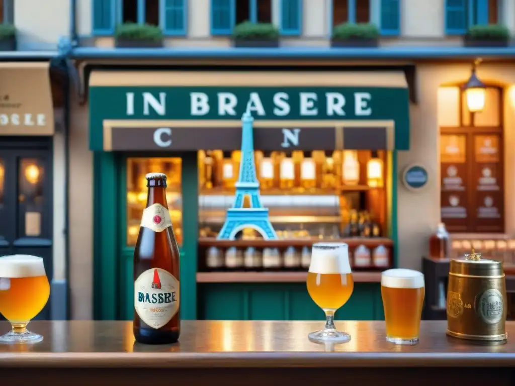 Un encantador bar francés con tendencias cerveza artesanal Francia, donde se disfrutan variedades únicas frente a la Torre Eiffel