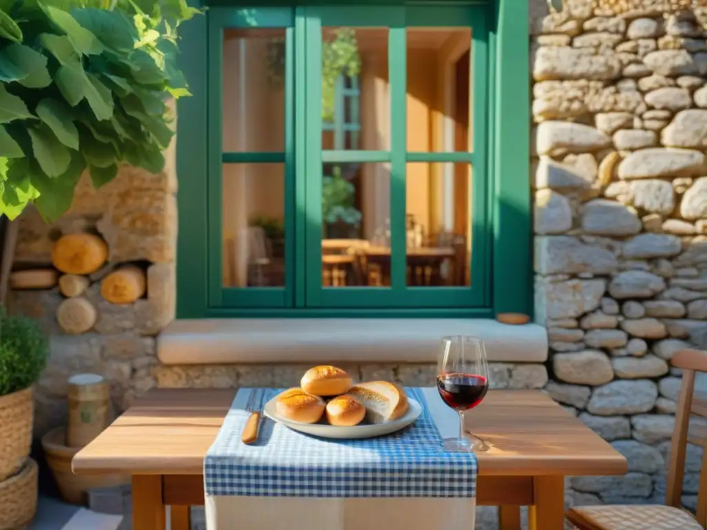 Un encantador bistró al aire libre en Provenza, con mesa de madera rústica, copas de vino y baguettes