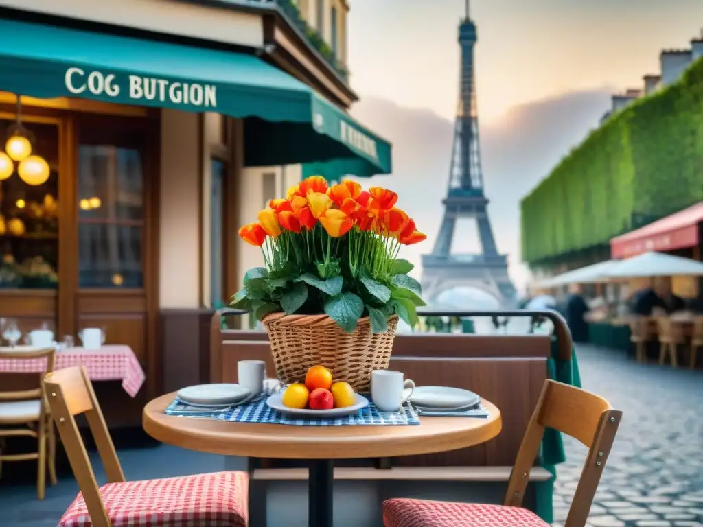 Un encantador bistró francés en París con platos tradicionales franceses en una escena pintoresca