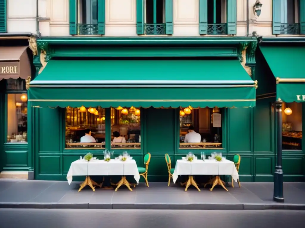 Encantador Café de Flore en París con sus clásicos toldos verdes, detalles de hierro forjado y mesas llenas de clientes disfrutando de café y pasteles, transmitiendo historia y sofisticación en una calle parisina