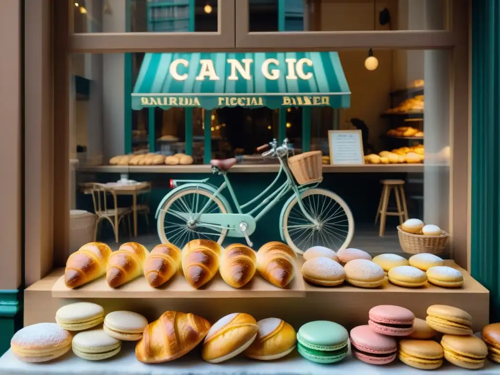 Un encantador escaparate de panadería francesa con croissants, baguettes y macarons, iluminado por la mañana