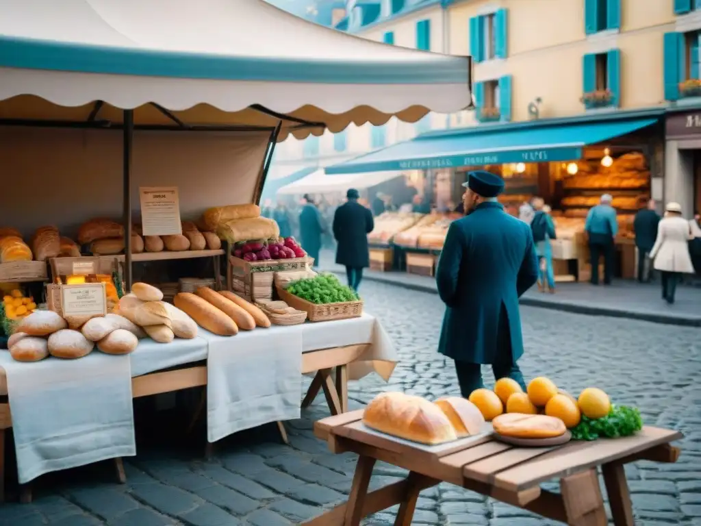 Un encantador mercado francés con baguettes, quesos y productos coloridos, bistros elegantes y comensales al aire libre