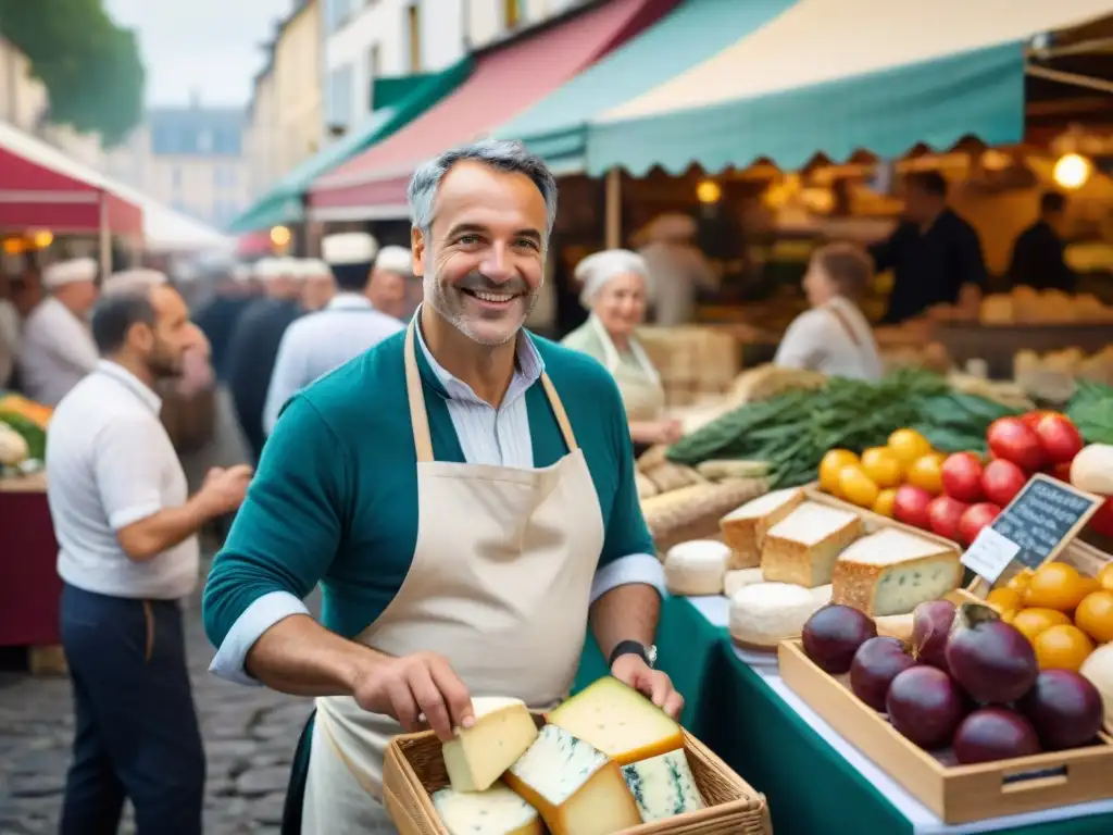 Encantador mercado francés con puestos coloridos y animado grupo de Facebook gastronomía francesa