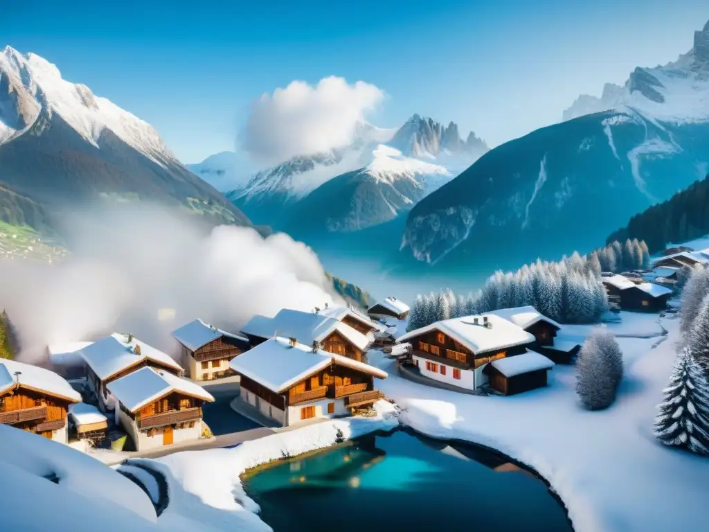 Un encantador pueblo alpino francés entre montañas nevadas, con chalets de madera y calles empedradas