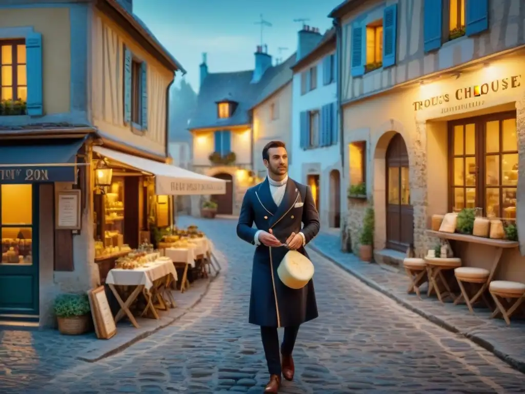 Encantador pueblo francés al anochecer con quesos Chaource en cafés y fromageries locales