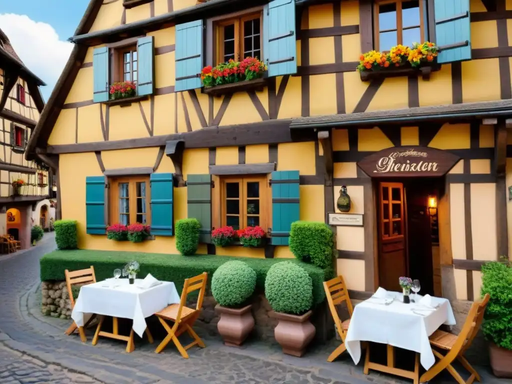 Encantador restaurante alsaciano en Eguisheim, Francia, con paredes de entramado de madera y terraza al aire libre