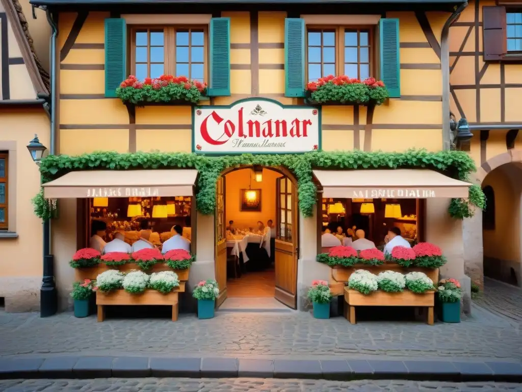 Encantador restaurante alsaciano en Colmar con flores rojas rebosantes