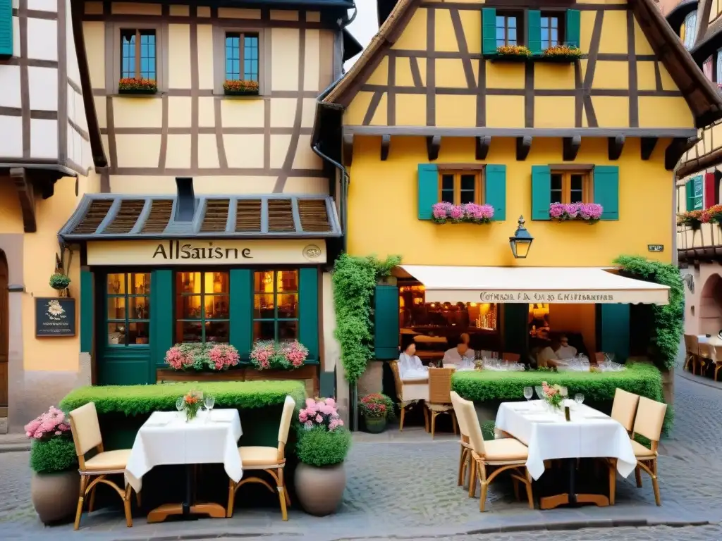 Un encantador restaurante alsaciano en Colmar, Francia, con terraza exterior acogedora y coloridas cestas de flores