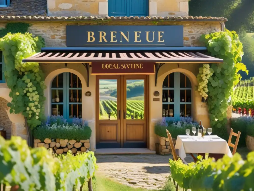 Un encantador restaurante en la campiña francesa con viñedos, terraza acogedora y una pareja disfrutando de una exquisita comida