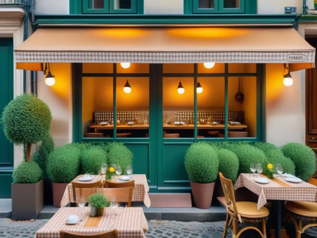 Encantador restaurante ecofriendly en París con gastronomía francesa, mesas de madera y flores