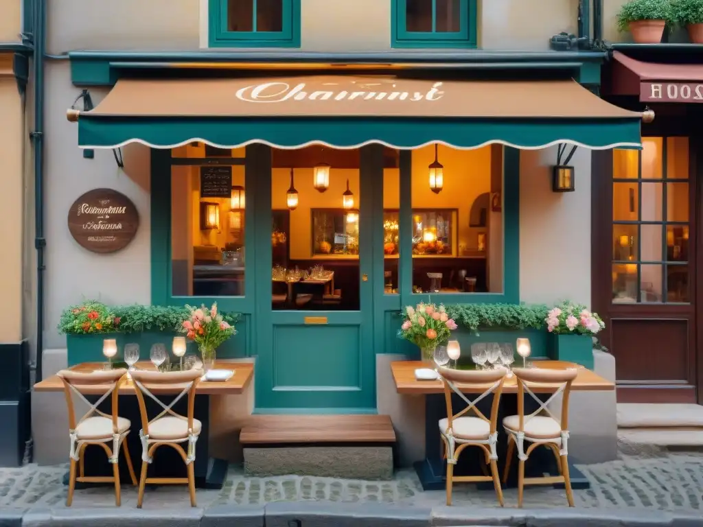 Encantador restaurante francés en calle empedrada con flores y velas Un encantador restaurante francés fuera del radar turístico, con mesas de madera, flores vibrantes y luz de velas