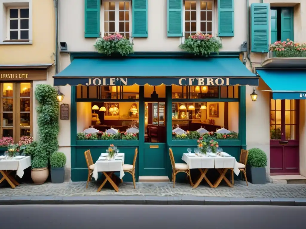 Bistró francés escondido: encanto y gastronomía Un encantador restaurante francés fuera del radar turístico, con fachada de madera y flores coloridas en cajas