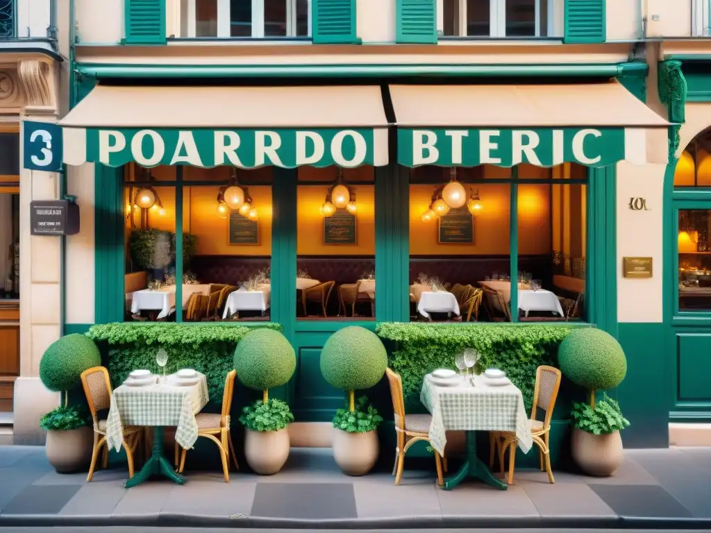 Un encantador restaurante francés en París con terraza, mesas a cuadros y comensales disfrutando de platos tradicionales