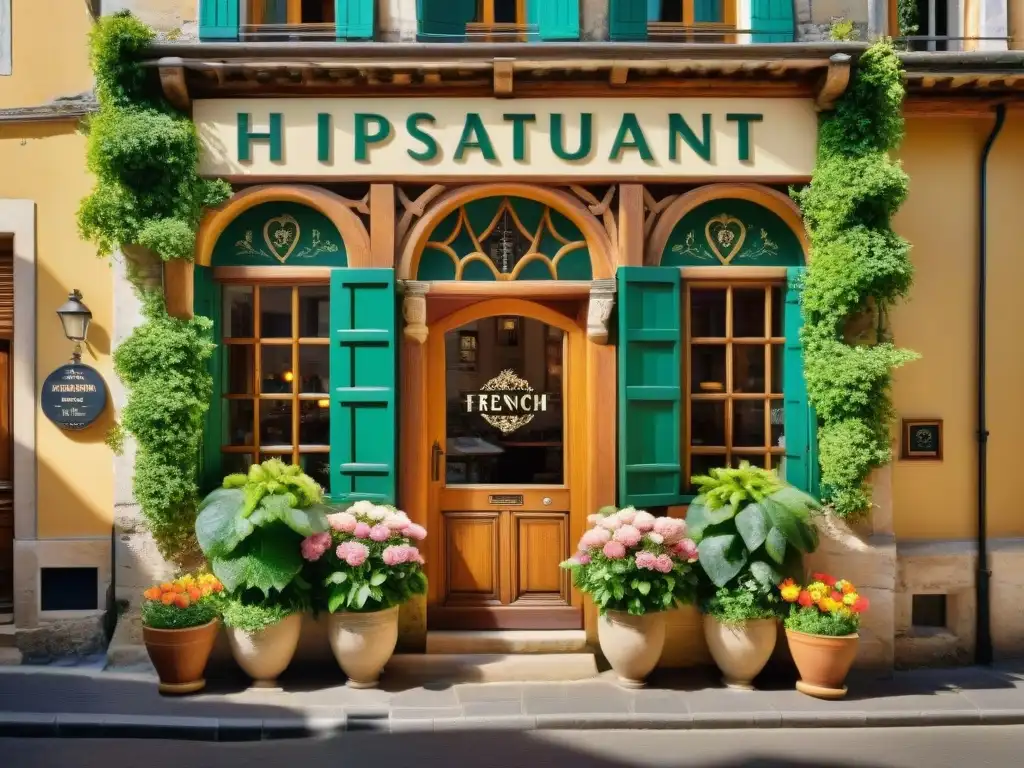 Encantador restaurante histórico en Picardía, Francia, con fachada de piedra y enredaderas verdes, ventanales floridos y gastronomía francesa Picardía cocina local