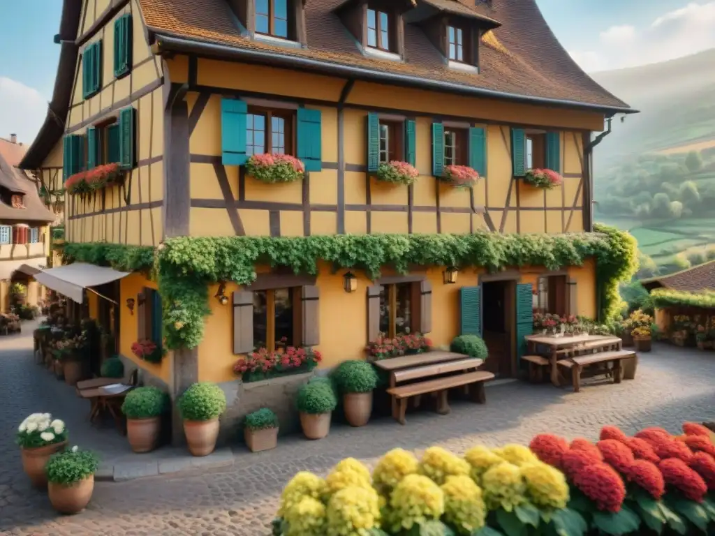 Encantador restaurante histórico en Alsacia, Francia, rodeado de viñedos y naturaleza