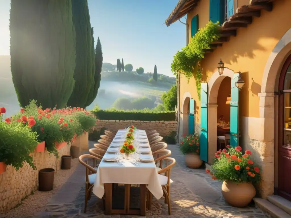 Encantador restaurante en Provenza: terraza con flores, mesas de madera y comensales disfrutando de la gastronomía local y vino tinto