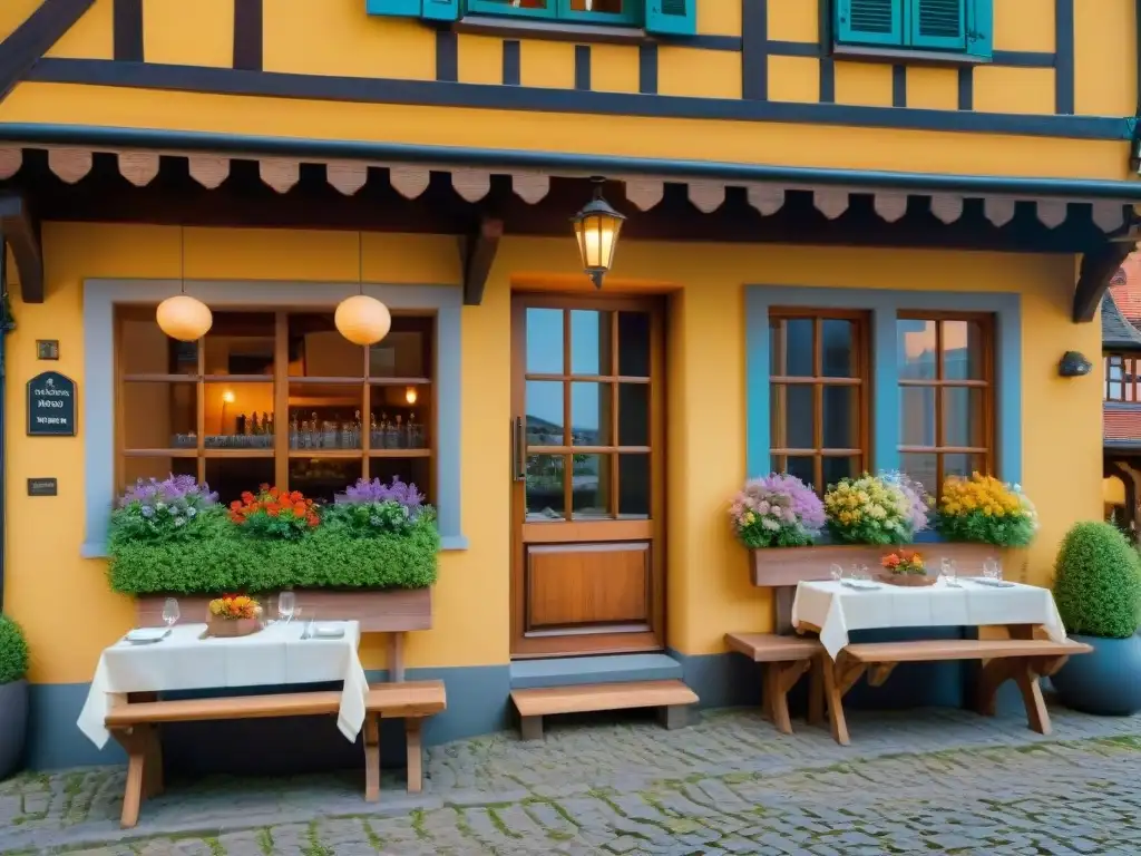 Un encantador restaurante tradicional alsaciano con flores, vigas de madera y terraza al aire libre