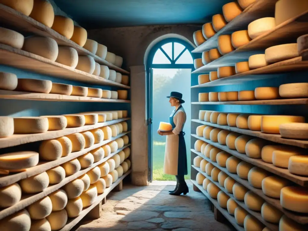 Encantadora bodega de quesos franceses tradicionales con ruedas de Queso Fourme d'Ambert envejeciendo