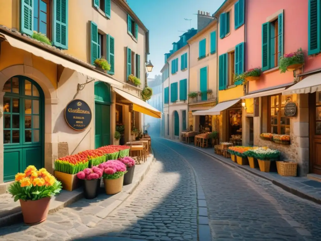 Encantadora calle empedrada en Picardía, Francia, con cafés locales y mercadillo vibrante, reflejando la gastronomía francesa de la región