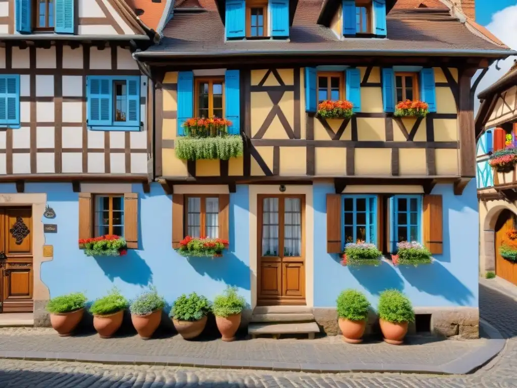 Encantadora casa alsaciana con Cocina Alsaciana recetas tradicionales en ventana, flores y calle adoquinada