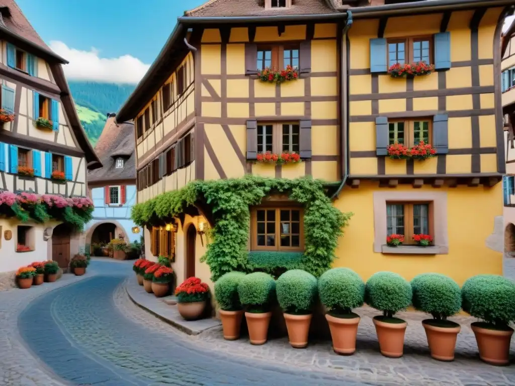 Encantadora casa de entramado de madera en Eguisheim, Alsacia, con ventanales coloridos y flores