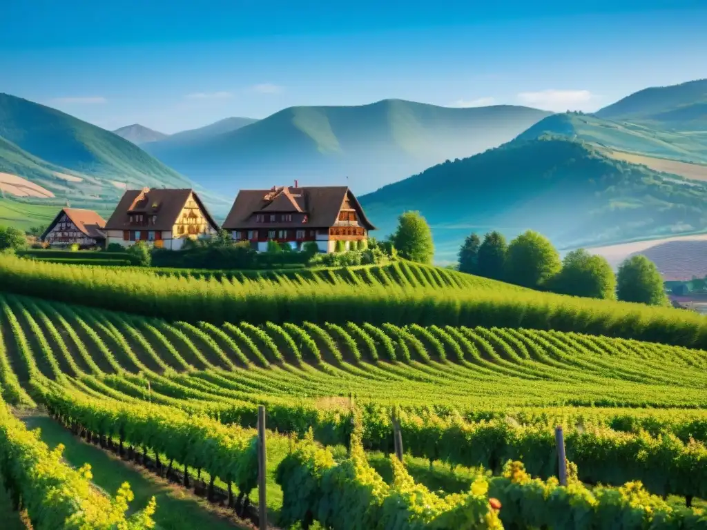 Encantadora casa al estilo alsaciano con viñedos verdes en Alsacia, Francia, y montañas Vosges al fondo