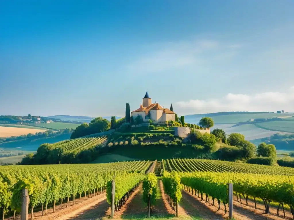 Una encantadora escena de enoturismo en familia en Francia: viñedo con uvas verdes bajo un cielo azul y un elegante chateau al fondo