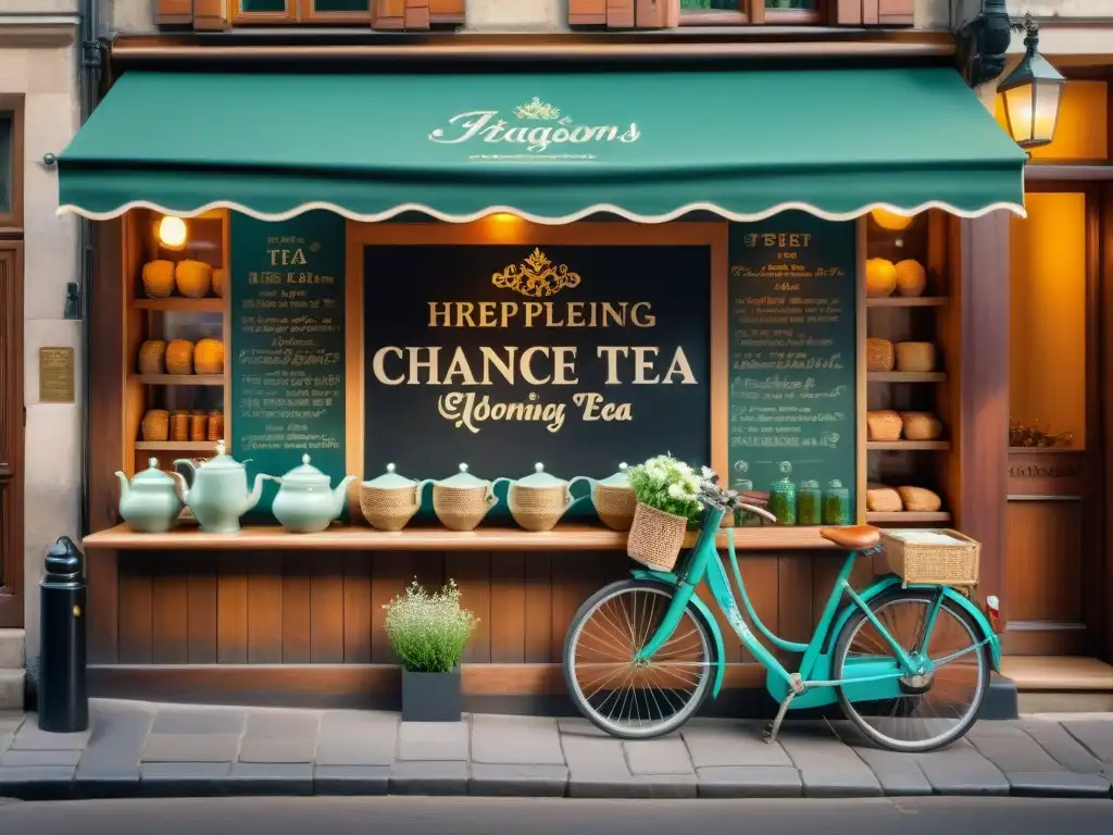 Encantadora tienda de té francesa con bicicleta vintage, baguettes frescas y flores en el cesto