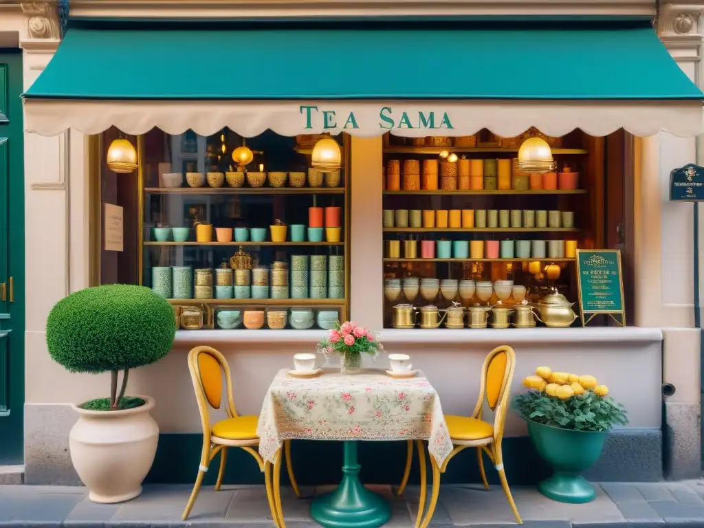 Una encantadora tienda de té francesa en una calle empedrada de París, con detalles de hierro forjado, flores y una acogedora terraza